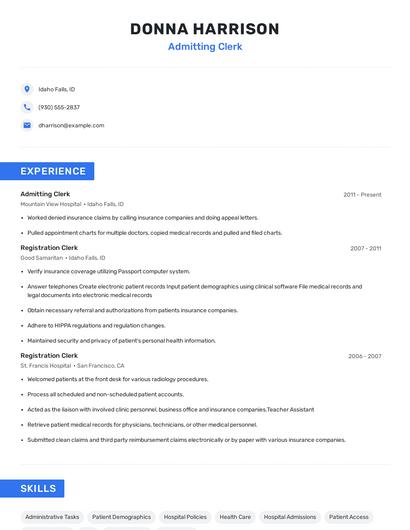 Admitting Clerk Resume