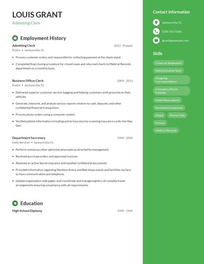Admitting Clerk Resume