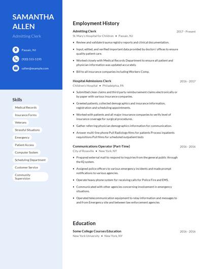 Admitting Clerk Resume