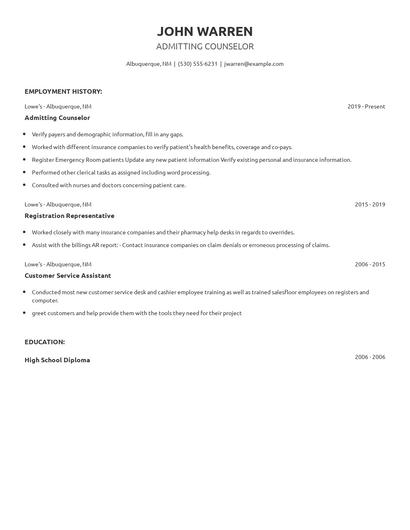 Admitting Counselor Resume