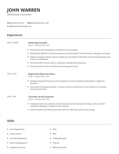 Admitting Counselor Resume