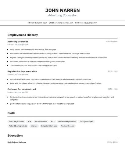 Admitting Counselor Resume