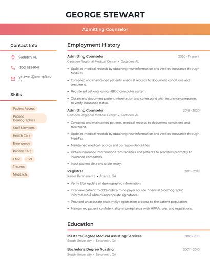 Admitting Counselor Resume