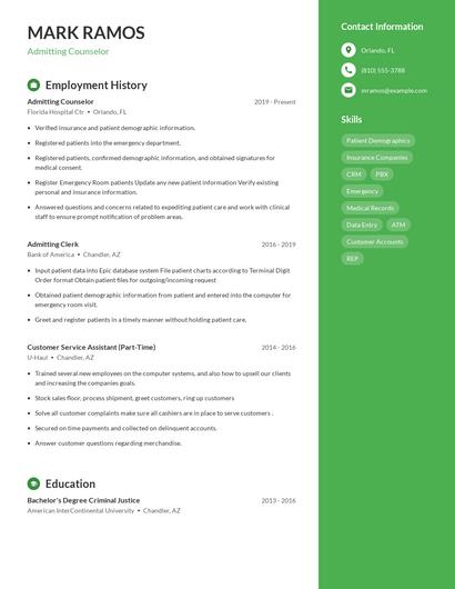 Admitting Counselor Resume