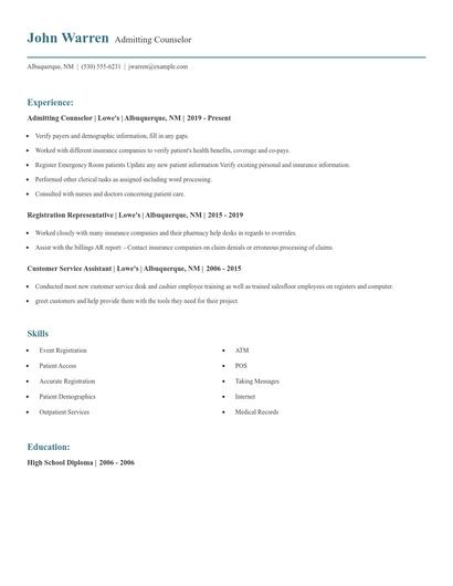 Admitting Counselor Resume