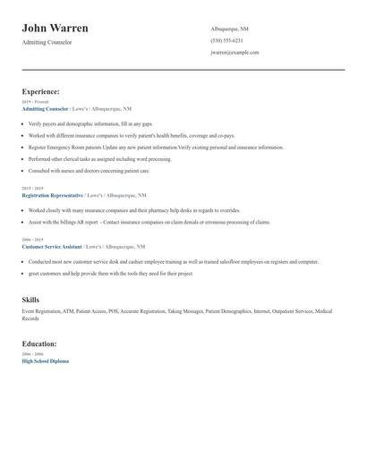 Admitting Counselor Resume