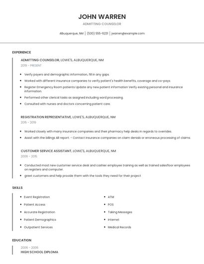Admitting Counselor Resume