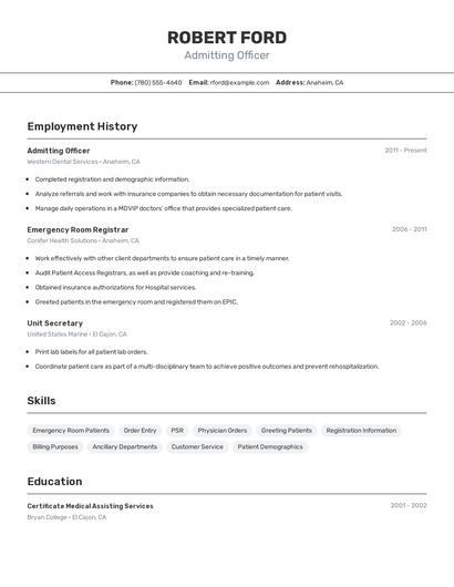 Admitting Officer Resume