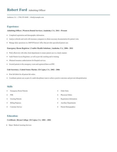 Admitting Officer Resume