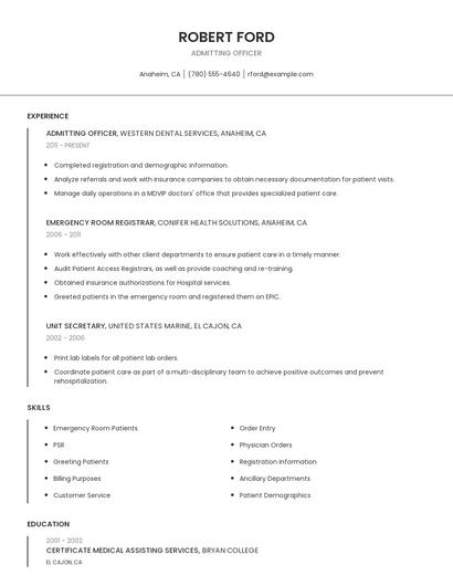Admitting Officer Resume