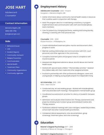 Adolescent Counselor Resume