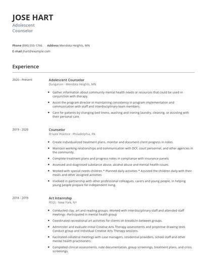 Adolescent Counselor Resume