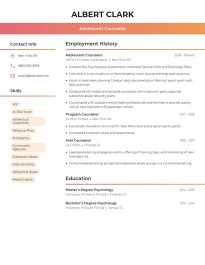 Adolescent Counselor Resume