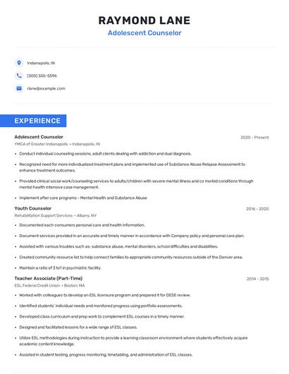 Adolescent Counselor Resume