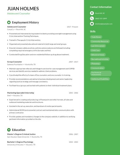 Adolescent Counselor Resume