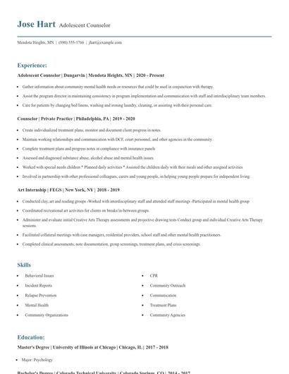 Adolescent Counselor Resume