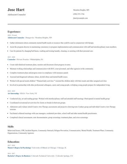 Adolescent Counselor Resume