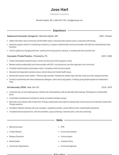 Adolescent Counselor Resume