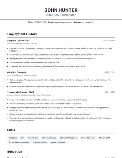 Adoption Coordinator Resume