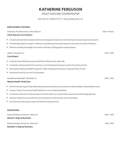 Adult Daycare Coordinator Resume