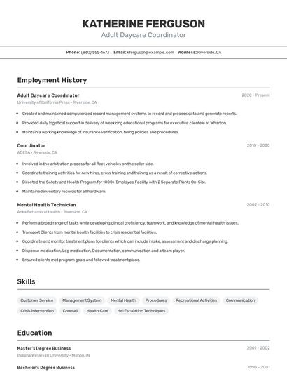 Adult Daycare Coordinator Resume