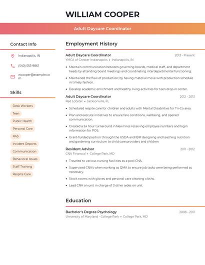 Adult Daycare Coordinator Resume