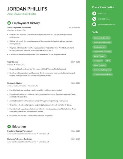 Adult Daycare Coordinator Resume