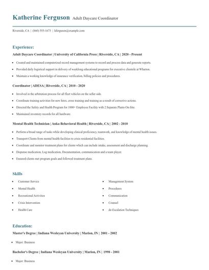 Adult Daycare Coordinator Resume