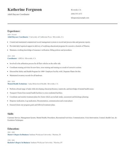 Adult Daycare Coordinator Resume