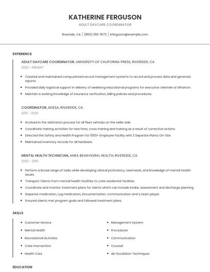 Adult Daycare Coordinator Resume