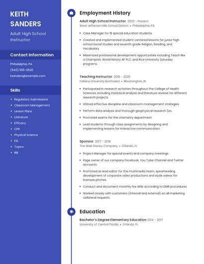 Adult High School Instructor Resume