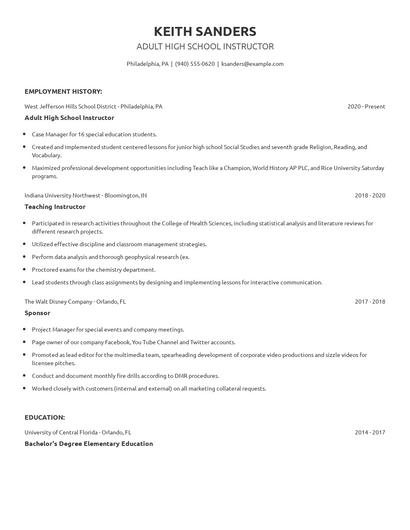 Adult High School Instructor Resume