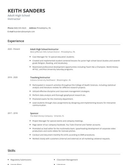 Adult High School Instructor Resume
