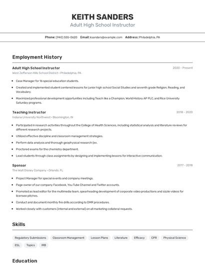 Adult High School Instructor Resume