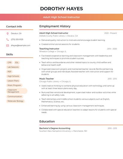 Adult High School Instructor Resume