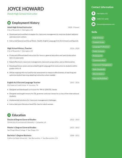 Adult High School Instructor Resume