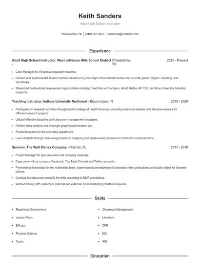Adult High School Instructor Resume