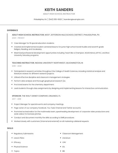 Adult High School Instructor Resume