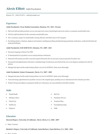 Adult Psychiatrist Resume