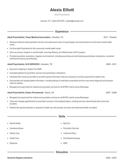 Adult Psychiatrist Resume