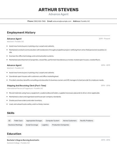 Advance Agent Resume