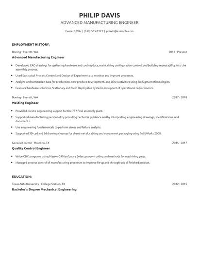 Advanced Manufacturing Engineer Resume