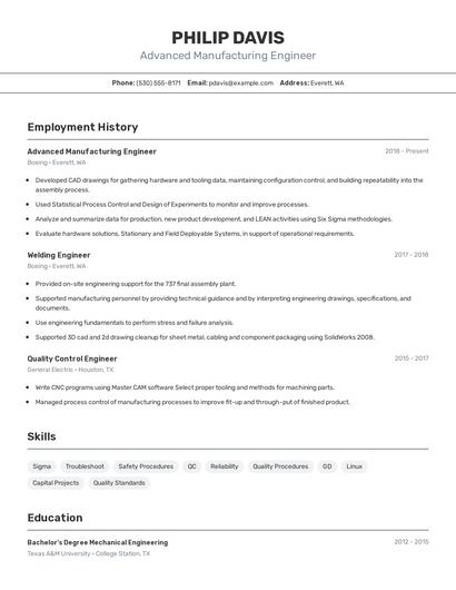 Advanced Manufacturing Engineer Resume