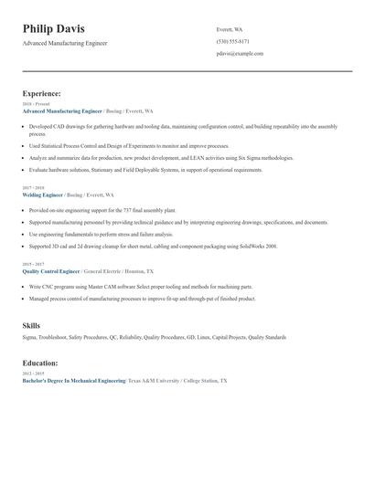 Advanced Manufacturing Engineer Resume