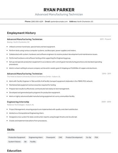 Advanced Manufacturing Technician Resume