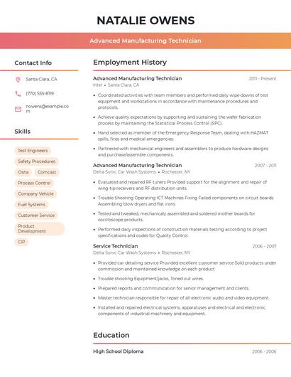 Advanced Manufacturing Technician Resume