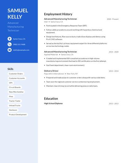 Advanced Manufacturing Technician Resume