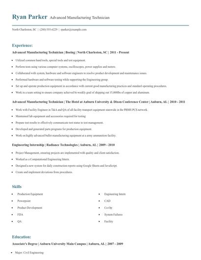 Advanced Manufacturing Technician Resume