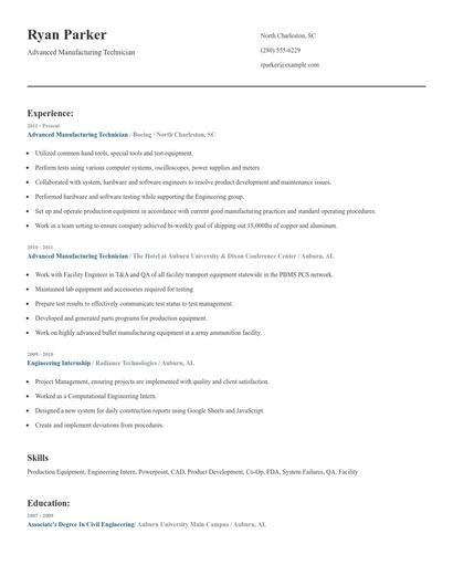 Advanced Manufacturing Technician Resume