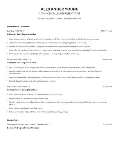 Advanced Sales Representative Resume